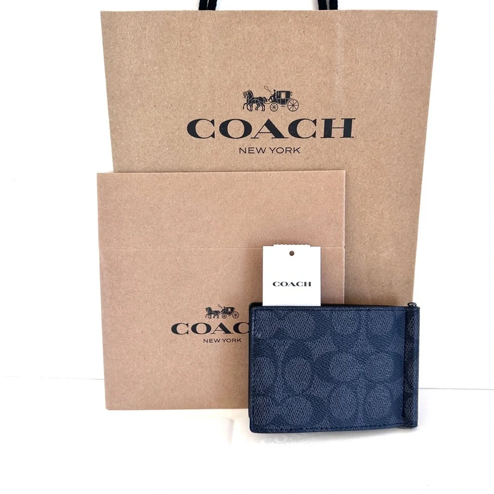 COACH SLIM MONEY CLIP BILLFOLD WALLET BLACK/GRAY SIGNATURE CANVAS NEW GIFT WRAP